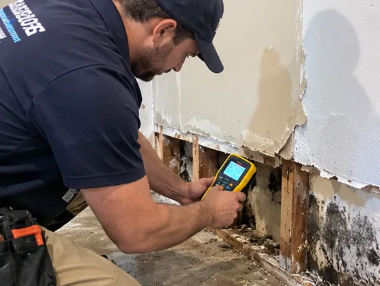 Moisture meter reading on a water damaged wall in Everett