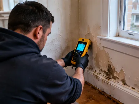 Moisture meter on a plaster wall in a Worcester home